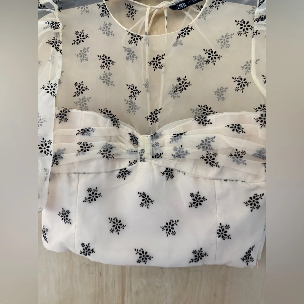 Zara Sheer Puff-Sleeve Floral Appliqué Top in Cream and Black